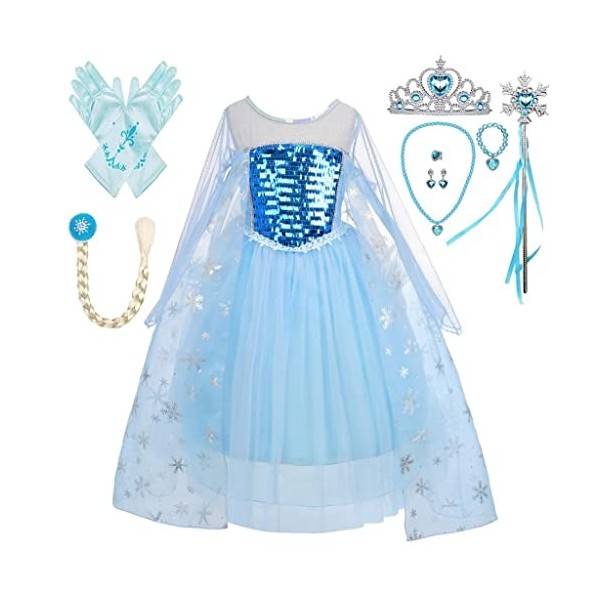 Lito Angels Deguisement Costume Robe Reine des Neiges Princesse Elsa Enfant Fille avec Cape et Accessoires Taille 3-4 ans, Ma