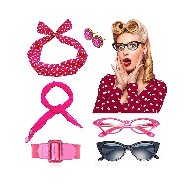 JeVenis costume femme rose vif accessoires années 50 tenue années 50 accessoires costume écharpe lunettes oeil de chat ceintu