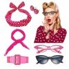 JeVenis costume femme rose vif accessoires années 50 tenue années 50 accessoires costume écharpe lunettes oeil de chat ceintu