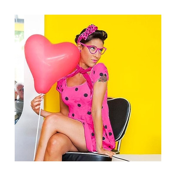 JeVenis costume femme rose vif accessoires années 50 tenue années 50 accessoires costume écharpe lunettes oeil de chat ceintu