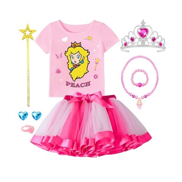 YYDSXK Peach Princesse Déguisement pour Enfant Filles Peach Cosplay Costume Set avec Couronne Collier Accessoire, Princesse T