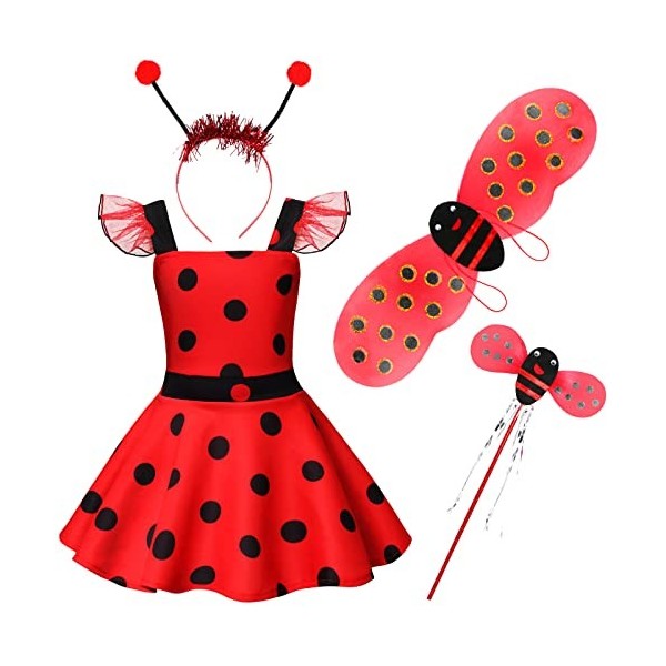 Deguisement Coccinelle Enfant, Deguisement Coccinelle Fille, Costume Coccinelle Enfant 4 pièces set, Robe à Pois Rouge avec B