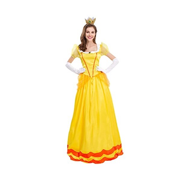 IDOPIP Robe Super Mario Princess Peach pour Femme, Déguisement Princesse Pêche Adulte avec Couronne pour Cosplay de Carnaval 