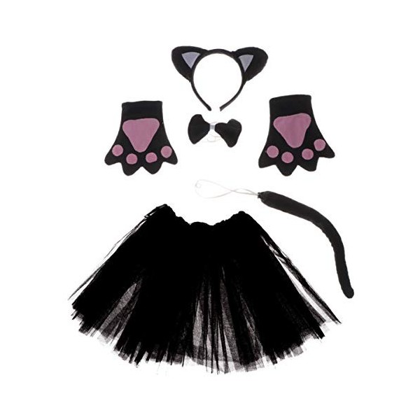 Happyyami Costume de chat Déguisement de chat pour filles et adultes avec jupe tutu Gants Bandeau Oreilles de chat Queue de c