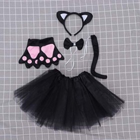 Happyyami Costume de chat Déguisement de chat pour filles et adultes avec jupe tutu Gants Bandeau Oreilles de chat Queue de c