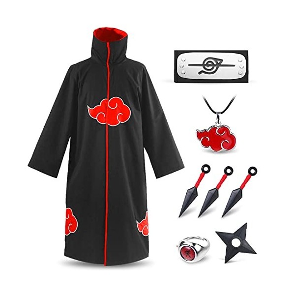 Déguisement Akatsuki Uchiha,Itachi Cape Anime Costume Cosplay,Tenue Akatsuki Robe Manteau avec Bandeau Bague Collier+4 Ninja