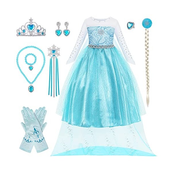 HIFOT Deguisement Princesse Fille Elsa,Robe Reine Des Neiges avec Accessoires Baguette Magique Princesse Couronne,Deguisement