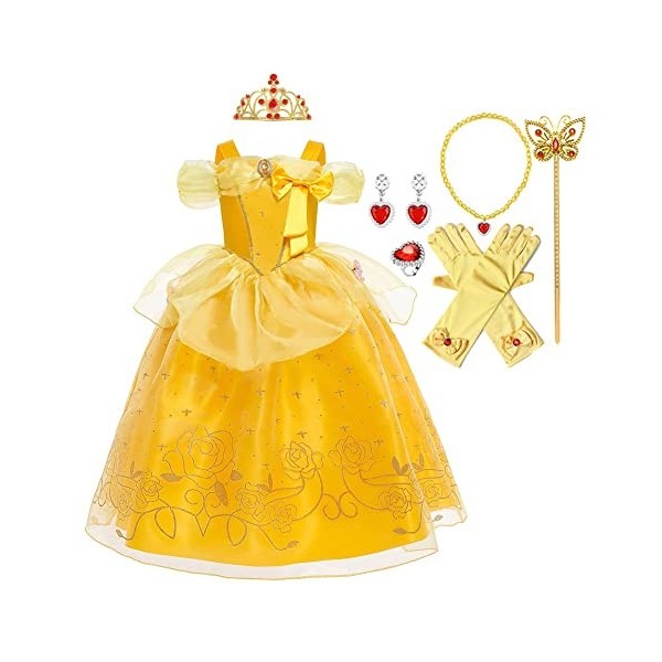 MYRISAM Filles Princesse Belle Robe de Carnaval Hors Épaule Costume de la Beauté et la Bête Halloween Déguisements Cosplay Cérémonie Anniversaire + Accessoires 9-10 ans MYRISAM Filles Princesse Belle Robe de Carnaval Hors Épaule Costume de la Beauté et la Bête Halloween Déguisements Cosplay Cérémonie Anniversaire + Accessoires 9-10 ans