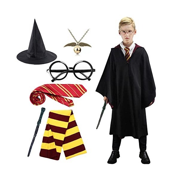 Amycute Costume Magicien Kit Accessoire Cape Invisibilité Choixpeau Baguette magique Écharpe Lunette Cravate Collier Déguisem