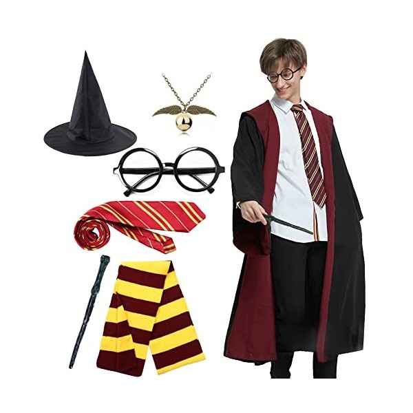 Amycute Costume Magicien Kit Accessoire Cape Invisibilité Choixpeau Baguette magique Écharpe Lunette Cravate Collier Déguisem