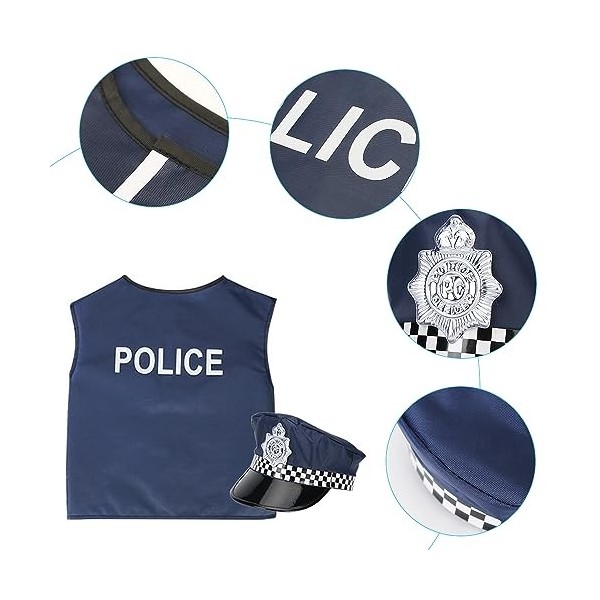 FENYW Police Deguisement Enfant Costume, 13PCS Policier Costume Accessoires, Enfant Policier Costume avec Chapeau de Police G