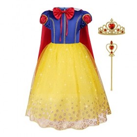 Aomig Deguisement Robe Princesse Enfant Fille, Deguisement Robe Princesse Blanche Neige avec Accessoires de Baguette pour Enf