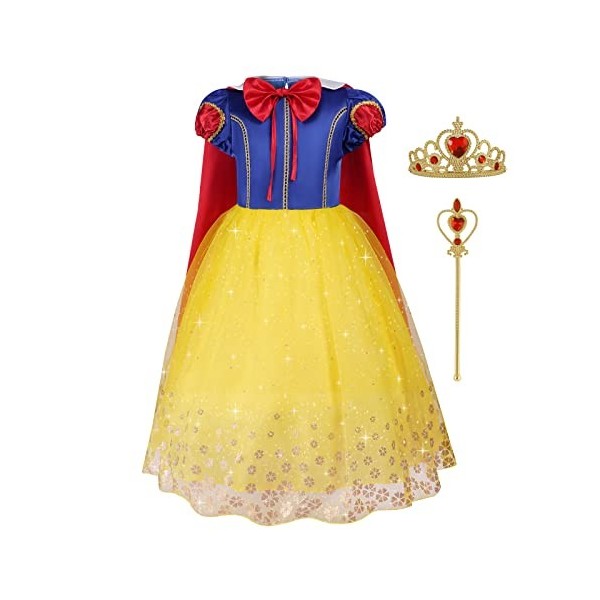Aomig Deguisement Robe Princesse Enfant Fille, Deguisement Robe Princesse Blanche Neige avec Accessoires de Baguette pour Enf