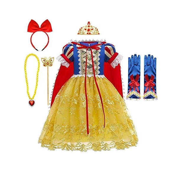 MYRISAM Filles Robe de Carnaval Princesse Costume de Blanche Neige avec Cape Conte de Fée Snow White Déguisements Cosplay Hal