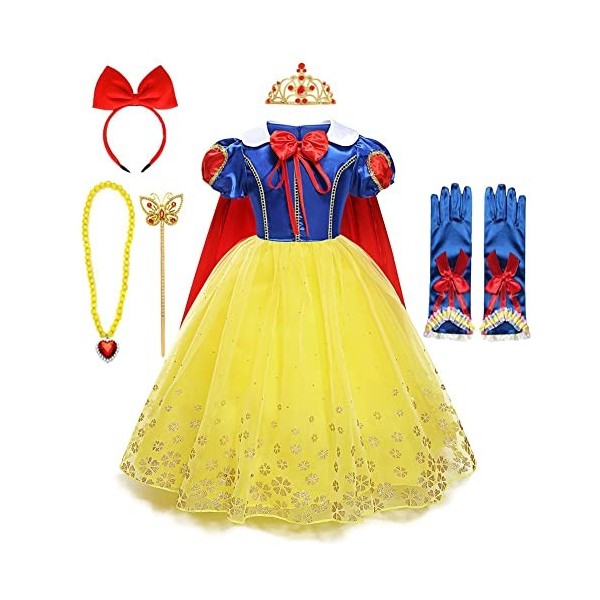 MYRISAM Filles Robe de Carnaval Princesse Costume de Blanche Neige avec Cape Conte de Fée Snow White Déguisements Cosplay Hal