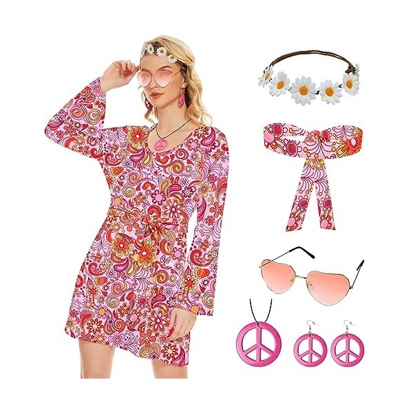 Ulikey 6 Pièces Déguisement Hippie Femme, Costume Hippie Chic Femme Année 70, avec Robe, Bandeau, Couronne, Collier, Boucles 