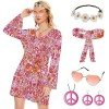 Ulikey 6 Pièces Déguisement Hippie Femme, Costume Hippie Chic Femme Année 70, avec Robe, Bandeau, Couronne, Collier, Boucles 