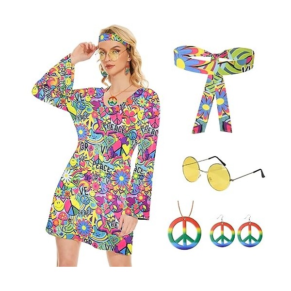 Ulikey 5 Pièces Déguisement Hippie Femme, Costume Hippie Chic Femme Année 70, avec Robe, Bandeau, Collier, Boucles dOreilles