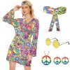 Ulikey 5 Pièces Déguisement Hippie Femme, Costume Hippie Chic Femme Année 70, avec Robe, Bandeau, Collier, Boucles dOreilles