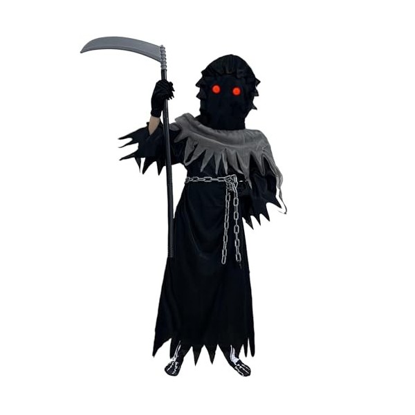 Halloween Faucheuse Cosplay,Déguisement Faucheuse Enfant avec Faucille,Yeux Rouges, Chaîne à la Taille,Grim Reaper Costume Ga