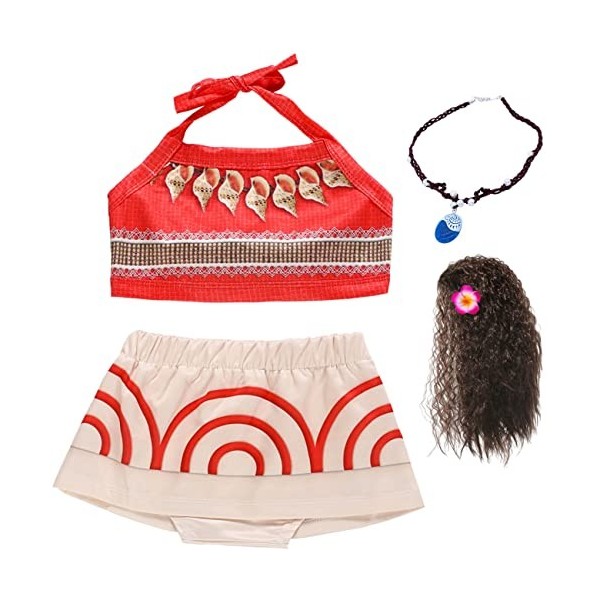 Deleventh Moana Princesse Deguisement Costume et Perruque Collier Accessoires Fille Cosplay Enfant Jeu daventure Vaiana Robe