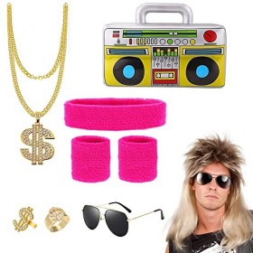 Heryamess Kit de Costume Hip Hop,90 Années 80 Accessoires de Rappeur,Kit de Costume de Hip Hop Homme Années,Kit de Costume Ac