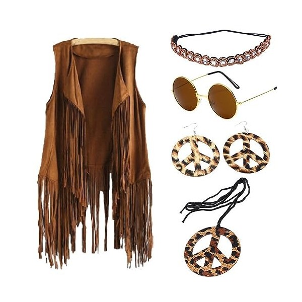 URFEDA Costume Hippie Femme Année 60 70, Veste à Franges Femme Hippie, Gilet à Franges Sans Manches, Déguisement Hippie Acces