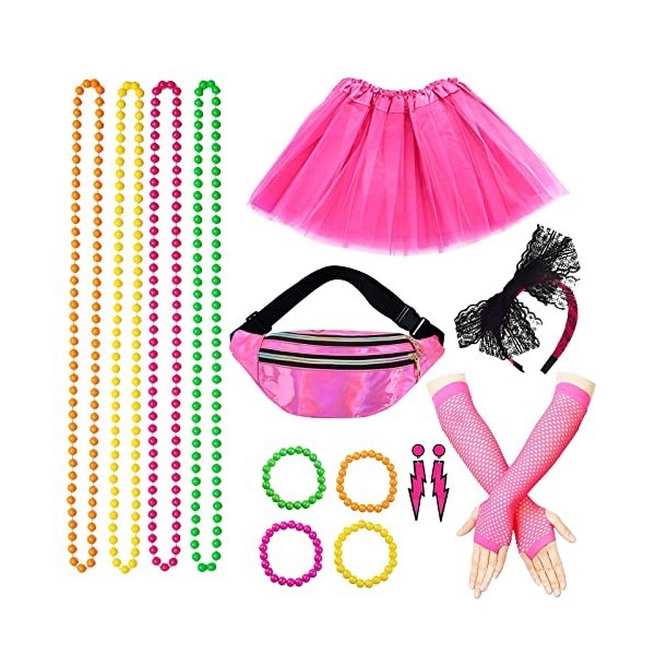 BIQIQI 80s Fête Accessoires Néon 80s Déguisement pour Femmes Filles Adultes Jupe tutu Boucle doreille Dentelle Bandeau Gants