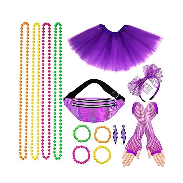 BIQIQI 80s Fête Accessoires Néon 80s Déguisement pour Femmes Filles Adultes Jupe tutu Boucle doreille Dentelle Bandeau Gants