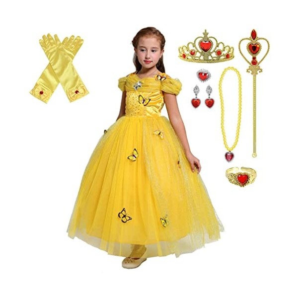 Lito Angels Deguisement Robe Belle et la Bête Costume Princesse Belle avec Accessoires Enfant Fille Taille 7-8 ans, Jaune