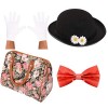 Poppins Lot daccessoires pour déguisement de nounou édouardienne : chapeau melon marguerite + gants blancs + sac en cuir syn