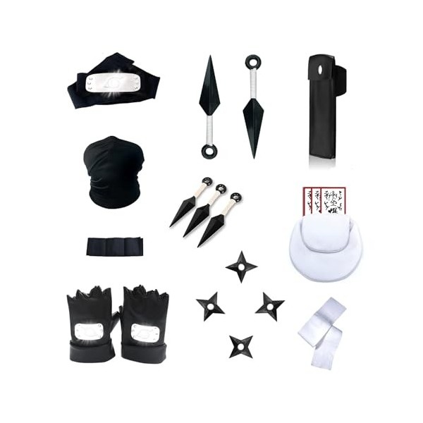 Accessoires Cosplay Ninja Anime Costume, Grand Kunai 26cm et 13cm + Shuriken + Bandana + Sacs + Masque et Gants, Kit dArmes 