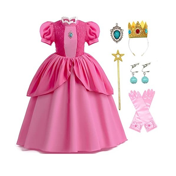 Coseaon Peach Cosplay Costume Enfant Peach Princesse Déguisement Set Peach Robe avec Accessoire Peach Dress Filles pour Hallo