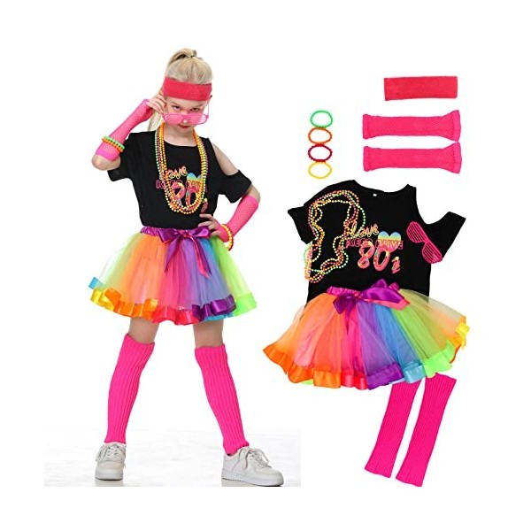 Firecos Déguisement Année 80 Costumes pour Enfants Ensemble dAccessoires avec Néon Jupe Tutu Fluo Manches Courtes pour Fête 