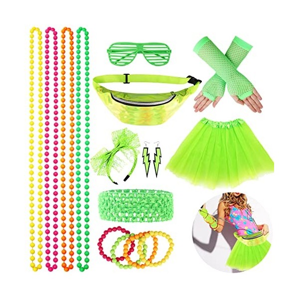 Déguisement Année 80 Accessoire Vert Femme, Neon Jupe Filet, Sac Banane, Lunettes, Bandeau noeud,Colliers,Bracelets, Gants, B