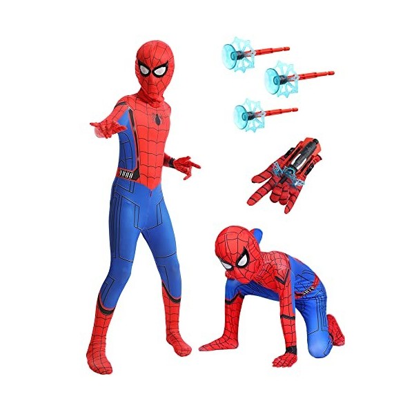 Deguisement Spider Enfant 6 7 ans Costume Spider Combinaison Déguisement Spider Garcon avec Gant de Lanceur Spider Masques 3D