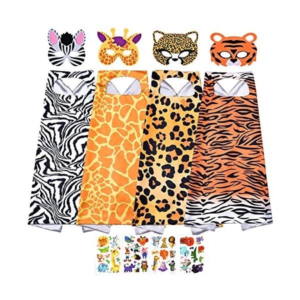 Tacobear Deguisement Animaux Enfant 4 Ensembles Jungle Animaux Capes Masques avec Autocollants Tatouage Costume Animaux pour 