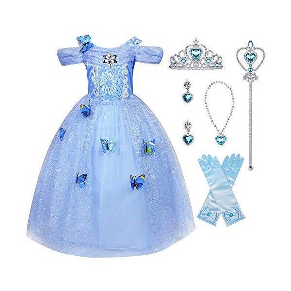 Hamanasu Fille Robe De Cendrillon Princesse Costume Partie De Fantaisie Habiller avec Accessoires（Bleu01，8-9Ans/150）