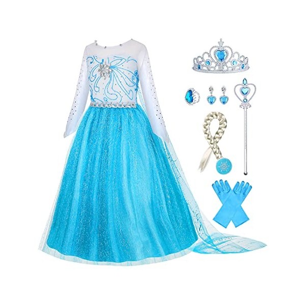 Gridamea Robe Elsa Reine Des Neiges Filles Deguisement Elsa Des Glaces Robe de Princesse Avec Couronne/Baguette/Gants/Tresse/