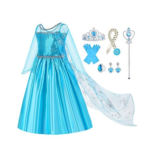 Gridamea Robe Elsa Reine Des Neiges Filles Deguisement Elsa Des Glaces Robe de Princesse Avec Couronne/Baguette/Gants/Tresse/