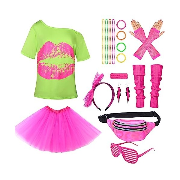 Deguisement Annee 80 Accessoire Femme Fluo Déguisement Année 80s Disco Fête Tutu T-shirt Sac Banane, Lunette, Bandeau, Collie