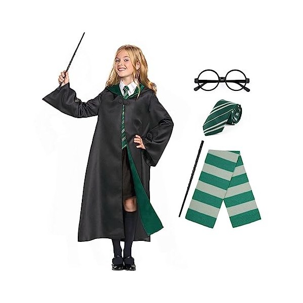 AOOWU Costume Magicien, Deguisement Sorcier per Enfant, Déguisement Cosplay Sorcier, Magique Cape avec Cravate écharpe et Bag