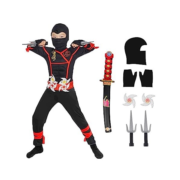 skyllc Costume Ninja pour enfants, costume de ninja avec accessoires pour la fête danniversaire du Carnaval de Noël dHallow