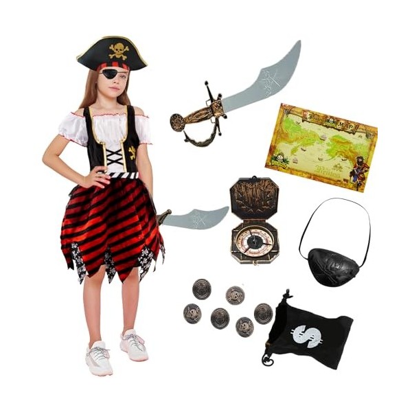 Kitimi Déguisement Pirate Fille Costume Pirate Enfant Deguisement Pirate Accessoires avec Pirate Robe Chapeau Pirate Cache Oe