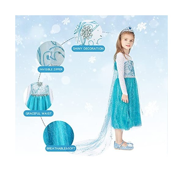 Elsa Robe Princesse Fille - Costume Princesse Elsa Enfant Deguisement avec Accessoires pour Halloween Cosplay Fête Dannivers