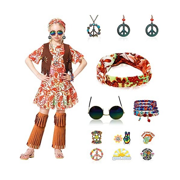 Firecos Déguisement Hippie pour Filles Accessoires Hippie Tenues des Années 60 et 70 Ensemble de Vêtements Hippie avec Gilet 