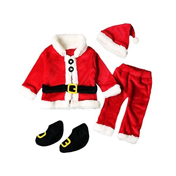 LYSTAO Costumes de Noël pour bébé, 4 pièces : costume de père Noël, haut + pantalon + chapeau + chaussettes pour bébé, filles