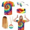 prota Deguisement Hippie, 5PCS Ensemble de Costume Hippie T Shirt Perruque Bandeau Lunettes de Soleil Collier Accessoires Hip