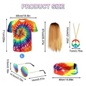 prota Deguisement Hippie, 5PCS Ensemble de Costume Hippie T Shirt Perruque Bandeau Lunettes de Soleil Collier Accessoires Hip