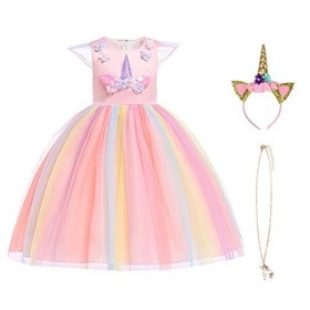 URAQT Robe Licorne Enfant de Princesse, Robes Licorne Fille avec Volants, pour Cosplay et Le Mariage et Les Parties et Hallow